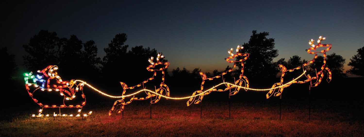 outdoor, indoor, LED, lights, quality, durable, commercial-grade, light motif, Christmas, holiday decoration, 2021, santa, sleigh, reindeer, Santa set, sleigh