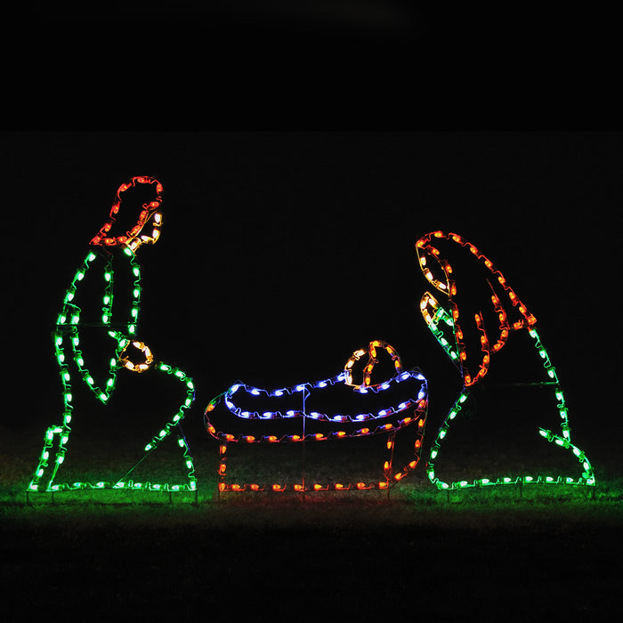 Joseph, Mary and Baby Jesus motif, nativity , giant, life-size, commercial-grade, outdoor, Christmas, holiday, LED, bulb, lights, aluminum frame, quality, durable, motif, display, 2021