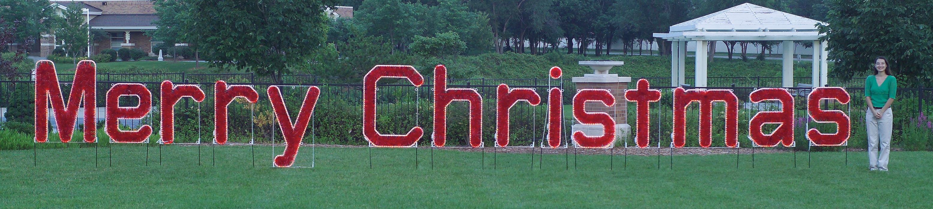 Large Merry Christmas in Red LED Lights and Garland, lighted outdoor motif, Holiday, traditional yard motifs