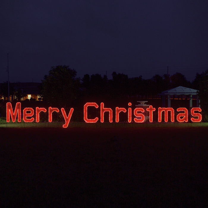 Large Merry Christmas in Red LED Lights and Garland, lighted outdoor motif, Holiday, traditional yard motifs