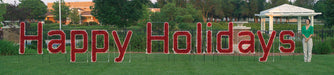 Daytime view, happy holidays, sign, red, garland, giant, life-size, commercial-grade, outdoor, Christmas, holiday, LED, bulb, lights, aluminum frame, quality, durable, motif, display, 2021