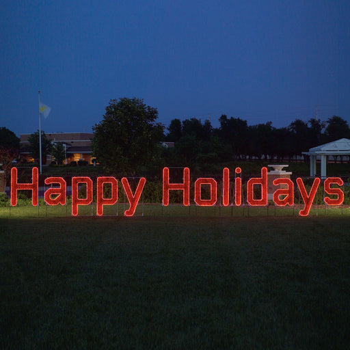 happy holidays, sign, red, garland, giant, life-size, commercial-grade, outdoor, Christmas, holiday, LED, bulb, lights, aluminum frame, quality, durable, motif, display, 2021