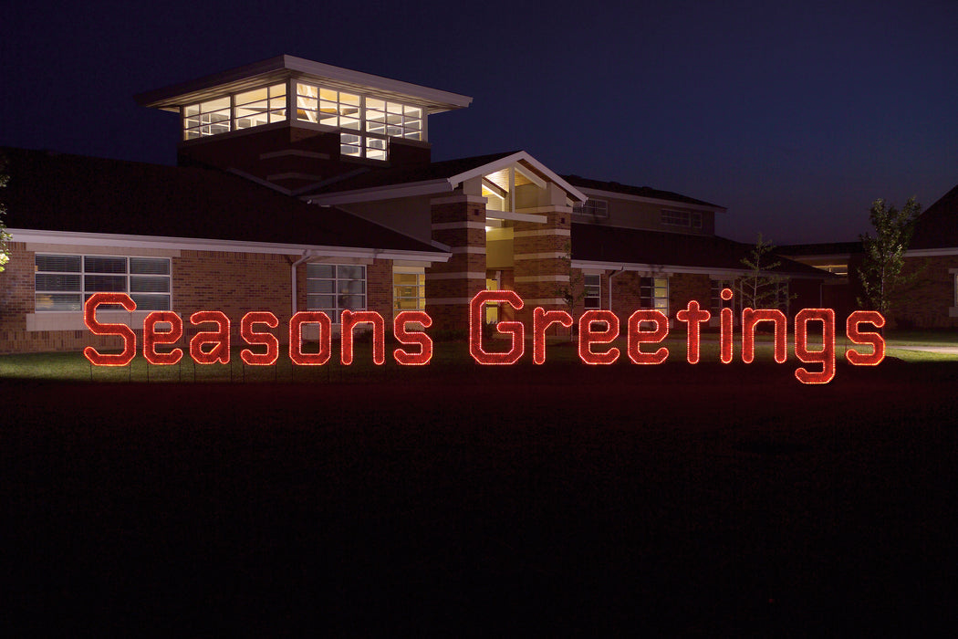 Seasons Greetings (Ropelight with Garland) - Red, Festive welcome sign, hung street motif, pole mount, banner holiday, Christmas decoration, outdoor, indoor, LED, bulb, lights, quality, durable, commercial-grade, light motif, religious, Christmas, holiday, aluminum, decoration, seasons greetings, sign, giant, life-sized