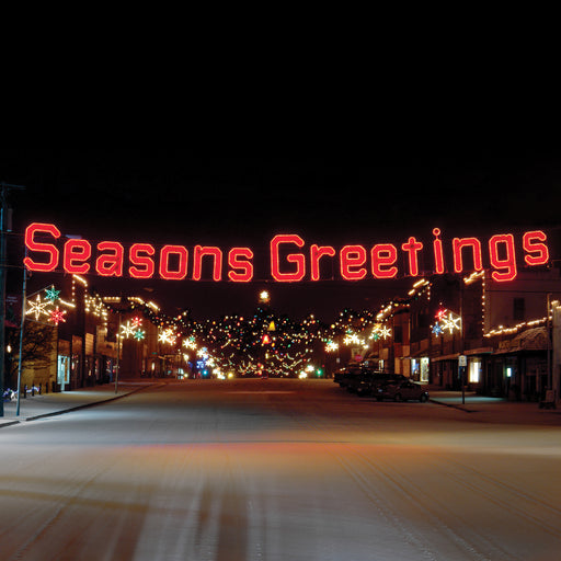 Seasons Greetings (Ropelight with Garland) - Red, Festive welcome sign, hung street motif, pole mount, banner holiday, Christmas decoration, outdoor, indoor, LED, bulb, lights, quality, durable, commercial-grade, light motif, religious, Christmas, holiday, aluminum, decoration, seasons greetings, sign, giant, life-sized