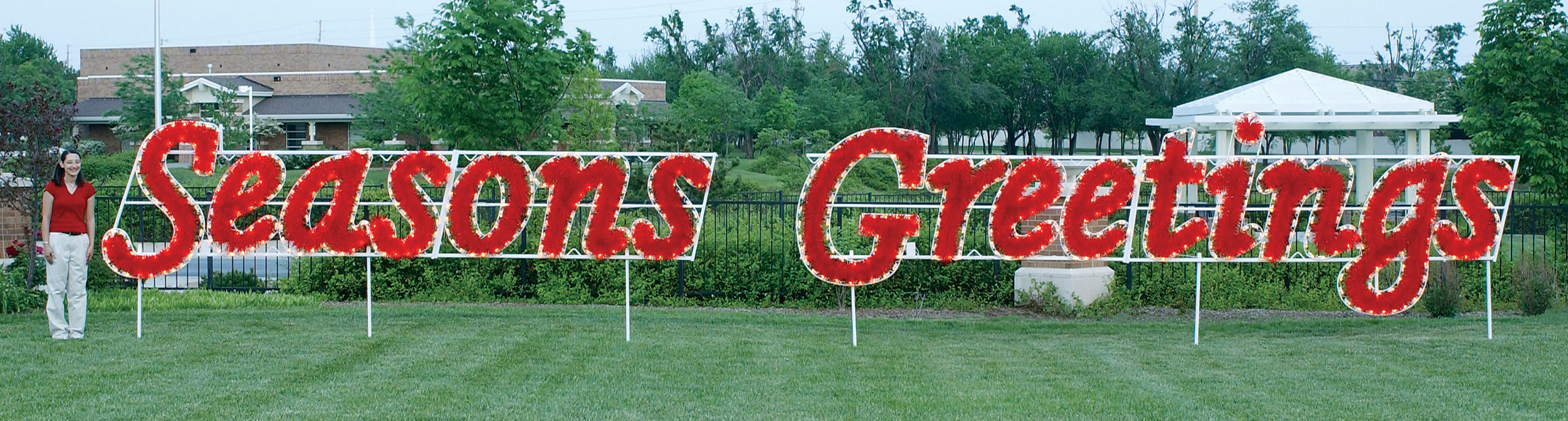 Daytime view, giant Commercial Traditional holiday Christmas Outdoor decorations, Seasons Greetings, Sign, C7 LED, Aluminum Frame, Red, White, 2021