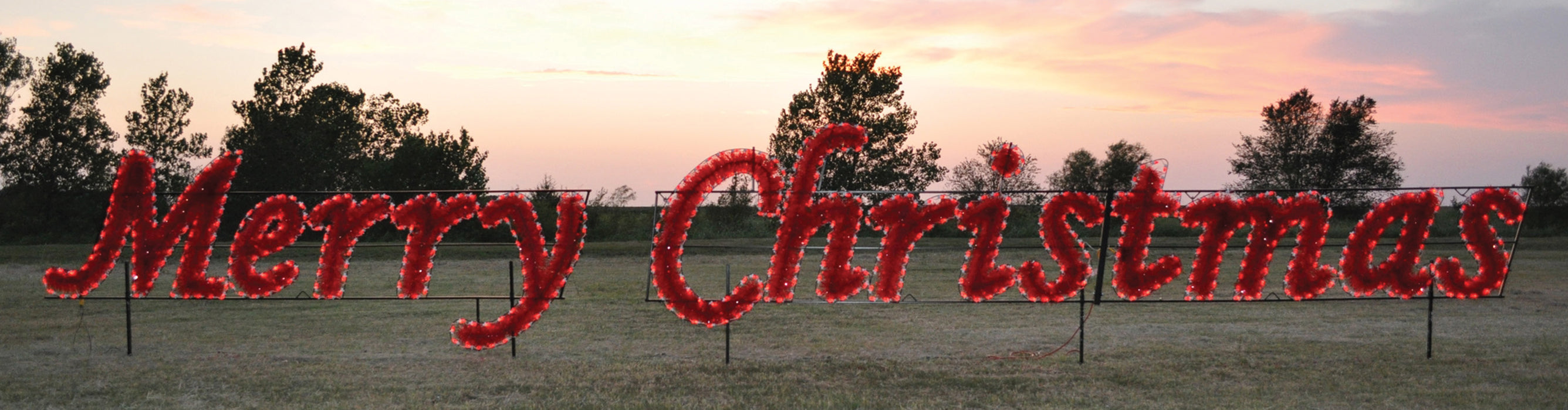 Daytime view, giant, large, commercial-grade, outdoor, sign, script, merry Christmas, holiday, LED, bulb, C7, red, garland, light, quality, durable, traditional, yard motif, 2021
