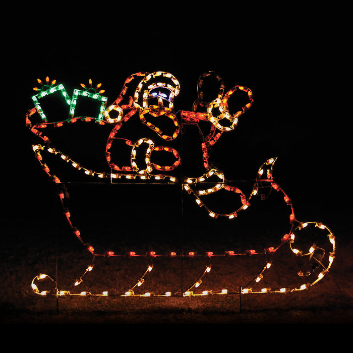 giant, life-size, commercial-grade, outdoor, Christmas, holiday, LED, bulb, lights, aluminum frame, quality, durable, motif, display, 2021, Santa, sleigh, decoration, gifts, bag of gifts, Santa’s sleigh