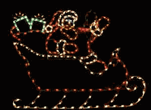 giant, life-size, commercial-grade, outdoor, Christmas, holiday, LED, bulb, lights, aluminum frame, quality, durable, motif, display, 2021, Santa, sleigh, decoration, gifts, bag of gifts, Santa’s sleigh