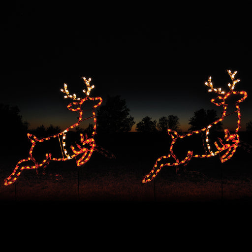 giant, life-size, commercial-grade, outdoor, Christmas, holiday, LED, bulb, lights, aluminum frame, quality, durable, motif, display, 2021, animated, reindeer, decoration, buck, set of two