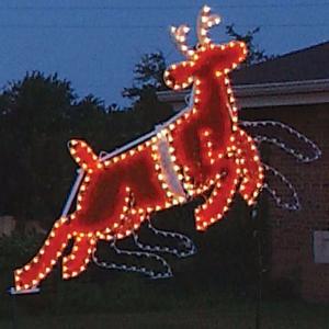 Life sized, Christmas holiday outdoor motif, commercial grade, lead reindeer, Rudolph, C7 LED bulbs, aluminum frame, Santa's sleigh, animated, 2021