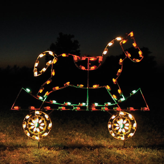 Christmas rocking horse flat car, train set, outdoor holiday decoration, animated, C7 LED Bulbs, aluminum frame, motif, holidaylights.com 2021