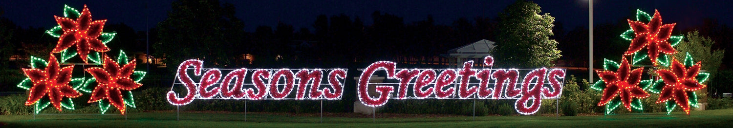 Life sized, Christmas holiday outdoor motif, commercial grade, poinsettia, cluster, red, green, LED, bulbs, aluminum frame, Seasons Greetings sign,2021