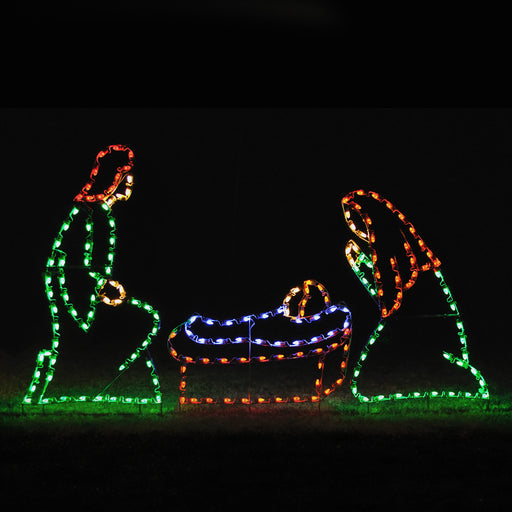 Joseph, Mary and Baby Jesus motif, nativity , giant, life-size, commercial-grade, outdoor, Christmas, holiday, LED, bulb, lights, aluminum frame, quality, durable, motif, display, 2021