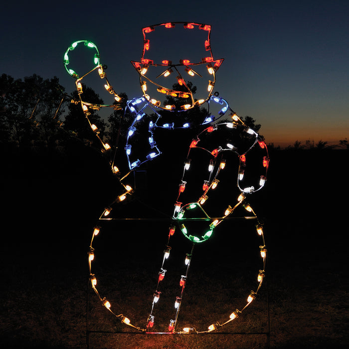 giant, life-size, commercial-grade, outdoor, Christmas, holiday, LED, bulb, lights, aluminum frame, quality, durable, motif, display, 2021, animated, waving snowman, top hat, candy cane, snow, man, orange, red, white, blue, green