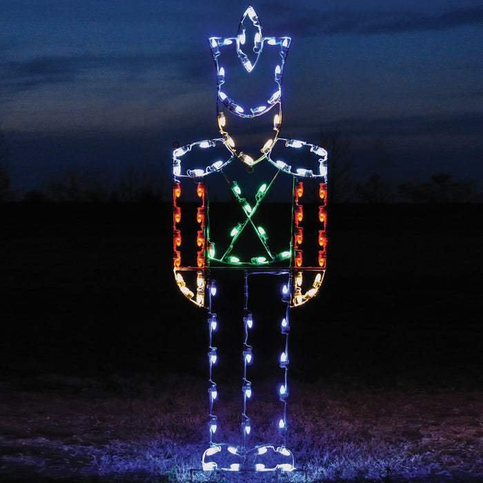 life size, life like, huge, large, soldier, nutcracker, display, aluminum frame, quality, commercial, white, red, green, blue, LED bulbs, yard motif