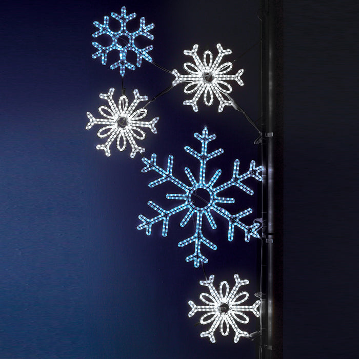 large, commercial-grade, outdoor, Christmas, holiday, LED, rope light, quality, durable, motif, decoration, snowflake, pole, mounted, 2021, blue, pure white, snowflakes