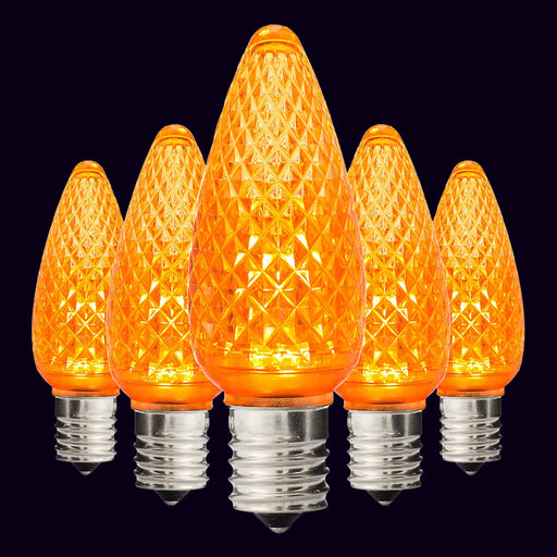C9 LED Amber (Orange) Bulbs, Bulb Fits in existing C9 (E17 base) sockets Run up to 600 bulbs on one stringer!  Faceted design spreads light evenly throughout the bulb UV resistant and waterproof