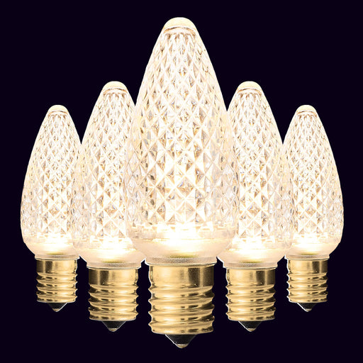 C9 LED Warm White Bulb,  Bulb Fits in existing C9 (E17 base) sockets Run up to 600 bulbs on one stringer!  Faceted design spreads light evenly throughout the bulb UV resistant and waterproof