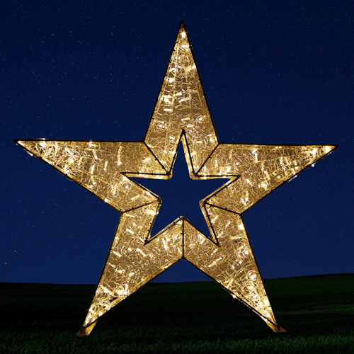3D. star, motif, life-size, giant, huge, display, yard ornament, christmas, aluminum frame, durable, commercial grade, outdoor, warm white, gold frame, holiday, animated, twinkle