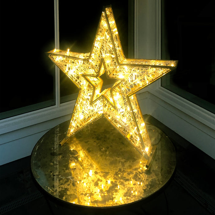 3D. star, motif, life-size, giant, huge, display, yard ornament, christmas, aluminum frame, durable, commercial grade, outdoor, warm white, gold frame, holiday, table top