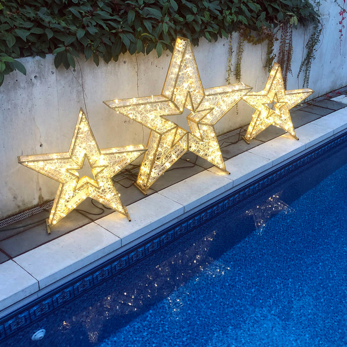 3D. star, motif, life-size, giant, huge, display, yard ornament, christmas, aluminum frame, durable, commercial grade, outdoor, warm white, gold frame, holiday