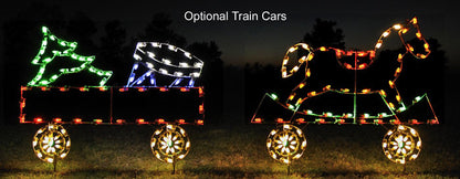 Gondola Train Car, Drum, Christmas Tree, Animated Train Set, giant, life-size, commercial-grade, outdoor, Christmas, holiday, LED, bulb, lights, aluminum frame, quality, durable, motif, display, red, green, white, 2021